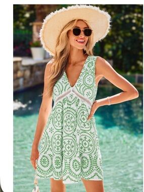 Cupshe Green and White V-Neck Crochet-Trim Swim Coverup Dress